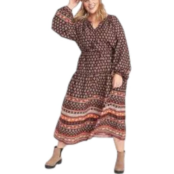 Old Navy Long Puff Sleeve Drawstring Waist Tiered Poet Long Midi Dress Size XL - Picture 1 of 11